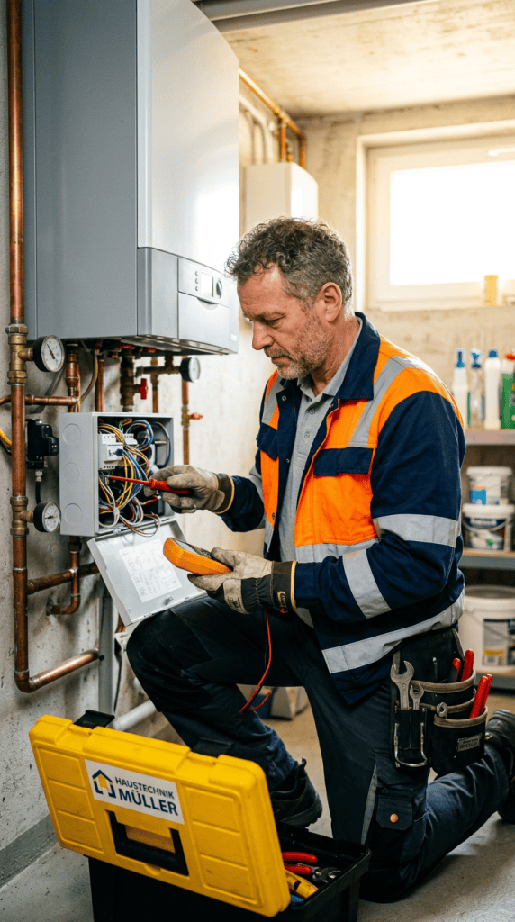 Technician servicing heating equipment; toolbox labeled HAUSTECHNIK MÜLLER