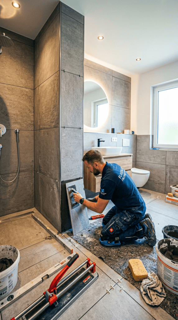 Fliesenleger in modernem Badezimmer